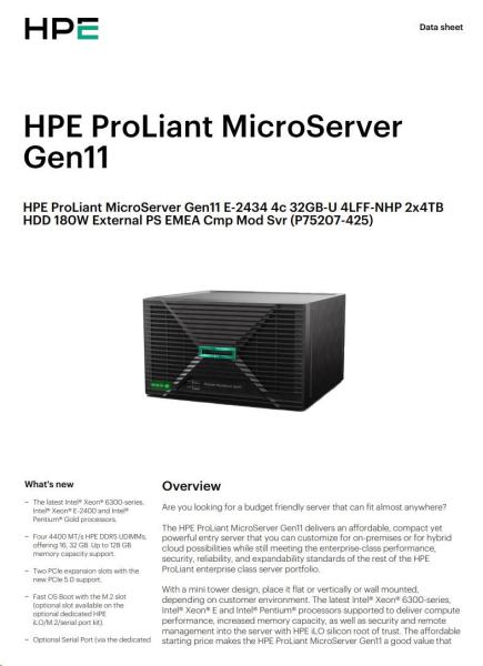 HPE PL MicroServer Gen11 E-2434 (3.4-5G/ 4C8T) 1x32G 2x4TB SATA 4LFF/ SFF-NHP 4p1G iLoPort (P65741) NBD111 Smart Choice4
