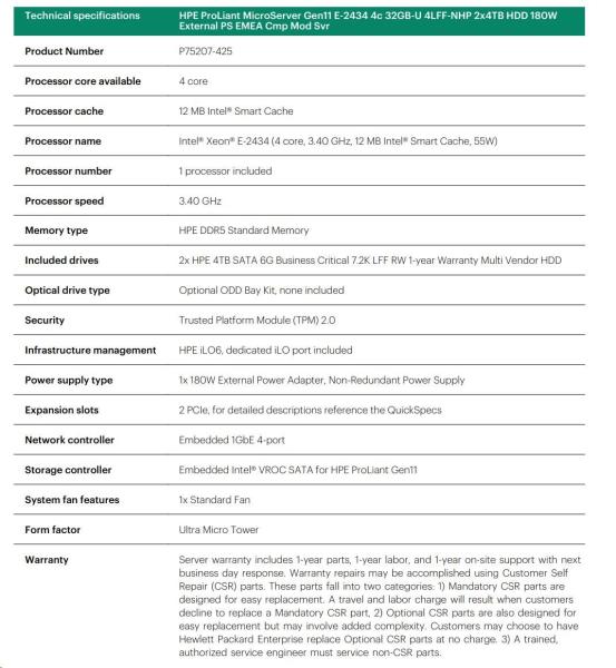 HPE PL MicroServer Gen11 E-2434 (3.4-5G/ 4C8T) 1x32G 2x4TB SATA 4LFF/ SFF-NHP 4p1G iLoPort (P65741) NBD111 Smart Choice6