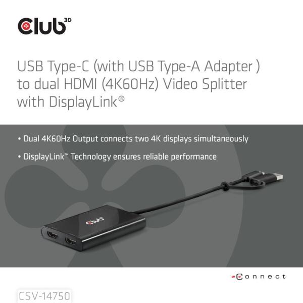 Club3D Video rozbočovač USB-C/ A na 2xHDMI 2.0,  Dual Monitor,  4K60Hz (M/ F)1