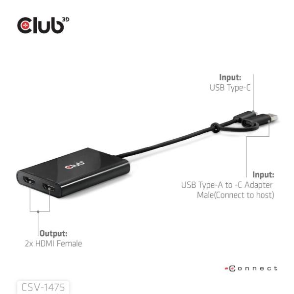 Club3D Video rozbočovač USB-C/ A na 2xHDMI 2.0,  Dual Monitor,  4K60Hz (M/ F)3