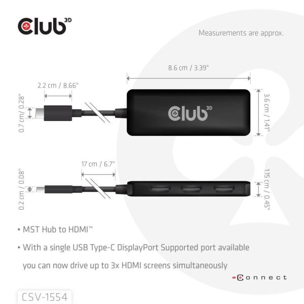 Club3D hub MST USB-C na 3xHDMI,  Single: 8K30Hz,  Triple: 4K60Hz1