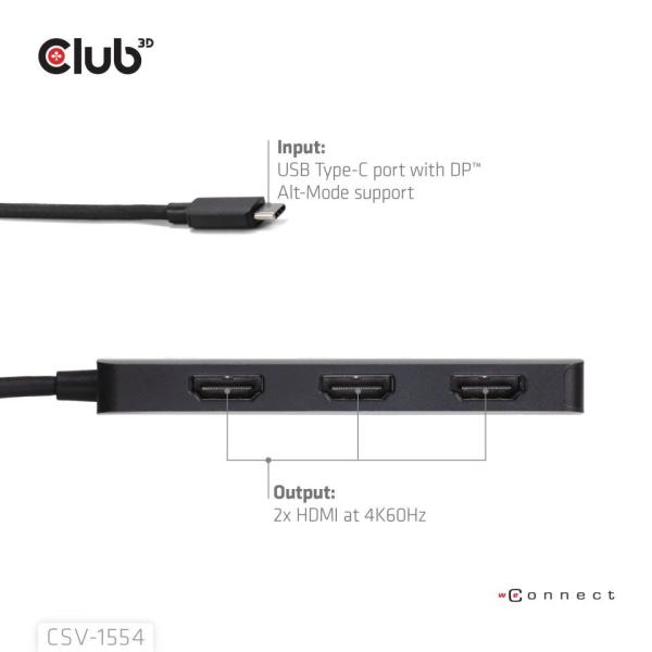 Club3D hub MST USB-C na 3xHDMI,  Single: 8K30Hz,  Triple: 4K60Hz2