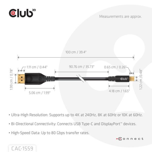 Club3D Kabel USB-C na DisplayPort 2.1,  10K60Hz,  DSC1.2,  UHBR10,  1m2