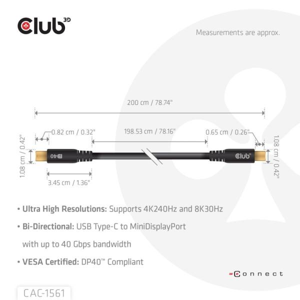 Club3D Kabel USB-C na MiniDisplayPort 2.1,  8K30Hz,  DSC1.2,  UHBR10,  2m2
