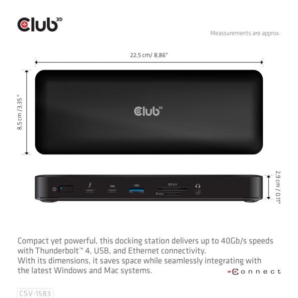 Club3D Dokovací stanice 16v1 Quadra (4) ThunderBolt 4,  2xTB,  3xDP,  2xHDMI,  3xUSB,  RJ45,  SD-TF Karta,  1xUSB-C,  150W PD2