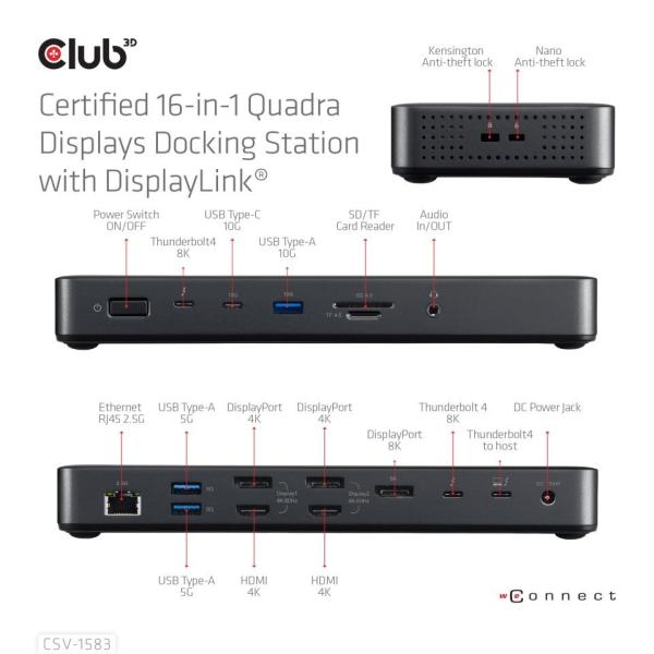 Club3D Dokovací stanice 16v1 Quadra (4) ThunderBolt 4,  2xTB,  3xDP,  2xHDMI,  3xUSB,  RJ45,  SD-TF Karta,  1xUSB-C,  150W PD3