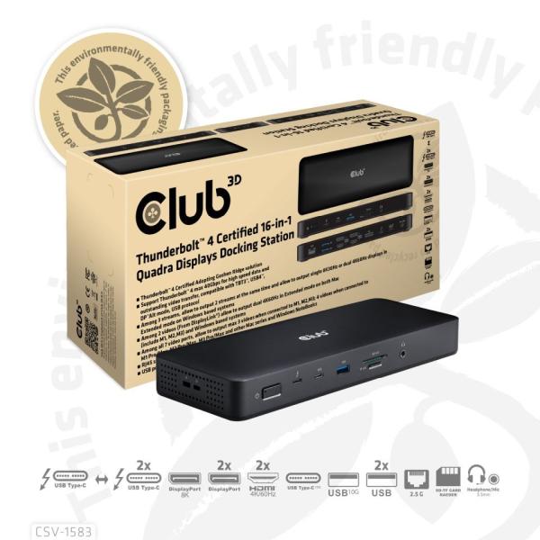 Club3D Dokovací stanice 16v1 Quadra (4) ThunderBolt 4,  2xTB,  3xDP,  2xHDMI,  3xUSB,  RJ45,  SD-TF Karta,  1xUSB-C,  150W PD6