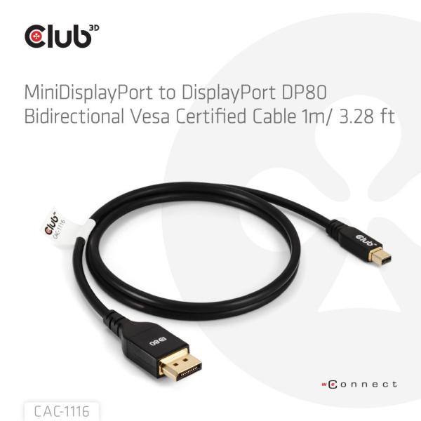 Club3D Kabel MiniDisplayPort na DisplayPort 2.1 Certifikovaný,  Oboustranný,  10K60Hz,  DSC1.2,  UHBR10,  1m3