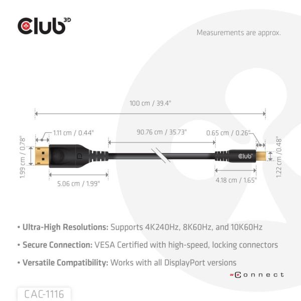 Club3D Kabel MiniDisplayPort na DisplayPort 2.1 Certifikovaný,  Oboustranný,  10K60Hz,  DSC1.2,  UHBR10,  1m0