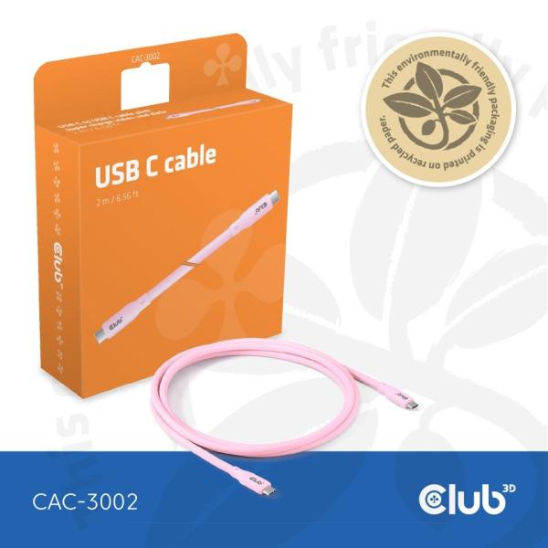 Club3D Kabel USB-C 4.0,  20Gbps,  4K60Hz,  PD 240W,  2m,  růžová1