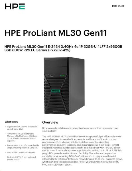 HPE PL ML30g11 E-2434 (3.4G/ 4C8T) 1x32G (P64339) 2x960G (P47808) 4LFF-HP VROC 800W 4x1G NBD311 Smart Choice2