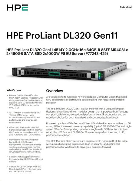 HPE PL DL320g11 4514Y (2.0/ 16C) 2x32G (p64706) 2x480G (P40497) MR408i-o 8SFF 2x1000W 2x1Gb Smart Choice4
