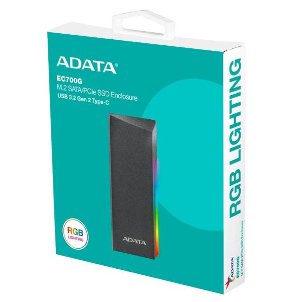 ADATA Externí box pro M.2 EC700G, USB-C 3.2 Gen 2, M.2 2230  2242  2280, RGB, černá6