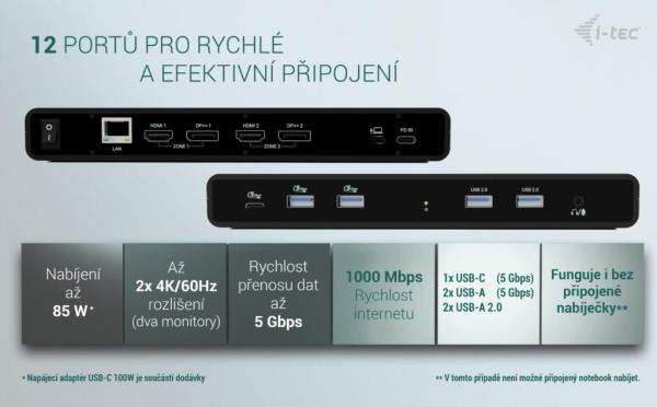 i-tec Universal Dual 4K Display Docking Station,  Power Delivery 85W + i-tec USB-C Charger 100W8