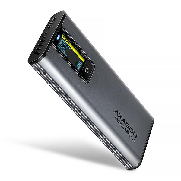 AXAGON EEM2-SD2 10Gbps USB-C - M.2 NVMe & SATA SSD kovový DISPLAY box, bezskrutkový