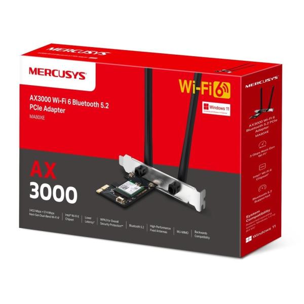MERCUSYS MA80XE WiFi6E PCIe adapter (AX3000, 2, 4GHz/ 5GHz, Bluetooth5.2)2