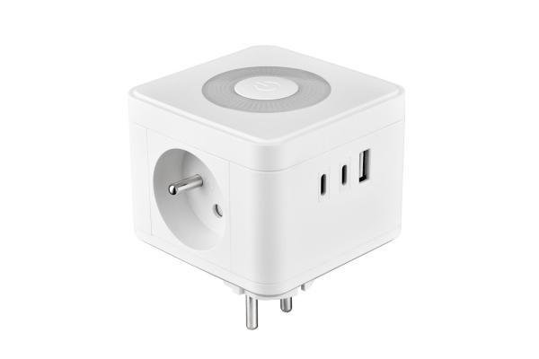 Viking síťový adaptér Y23L,  2x 230 V,  1x USB-A,  2x USB-C,  dotykové světlo,  bílá