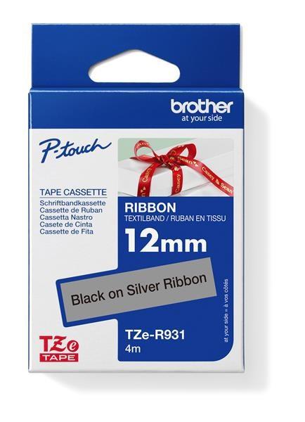 BROTHER TZE-R931 - 12 mm široká TZ kazeta,  TEXTILNÁ páska 4 m - na výrobu darčekov - NESTRIEBORNÉ PÁSKY,  ČIERNY POTISK