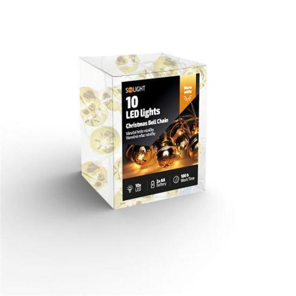 Solight LED vánoční řetěz rolničky, 10x LED, zlatá, 1, 5m, 2x AA1
