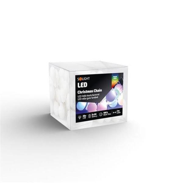 Solight LED vianočná reťaz farebné gule, 20x LED, 2m, 2x AA