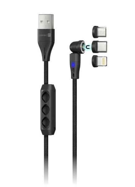 CONNECT IT Magnetický kabel PowerLink 3v1,  USB-C /  Lightning /  MicroUSB,  2m,  černá