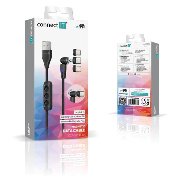 CONNECT IT Magnetický kabel PowerLink 3v1,  USB-C /  Lightning /  MicroUSB,  2m,  černá3