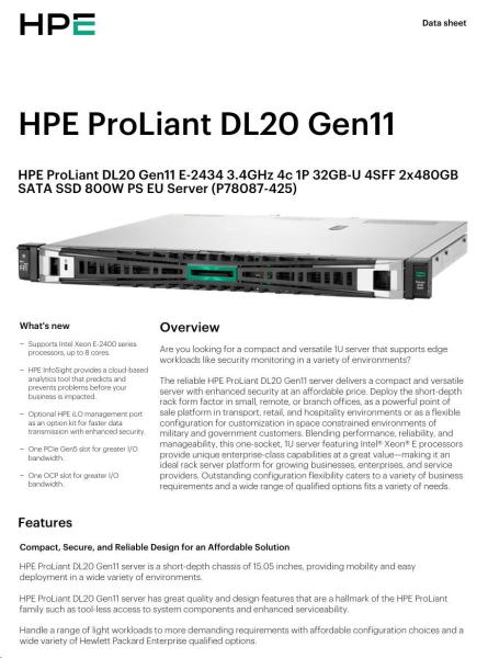 HPE PL DL20g11 E-2434 (3.4G/ 4C) 1x32G (P64339) 2x480G VROC 4SFF 1x800W 4x1G NBD333 Smart Choice4