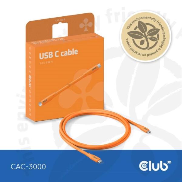 Club3D Kabel USB-C 4.0,  20Gbps,  4K60Hz,  PD 240W,  2m,  oranžová2
