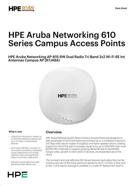 Aruba AP-615 (RW) Dual-radio Tri-band 2x2:2 802.11ax Wi-Fi 6E Internal Antennas Campus AP RENEW R7J49A1