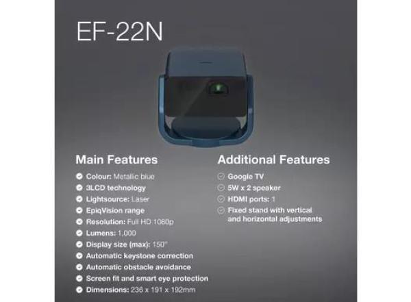 EPSON projektor EF-22N,  Full HD,  laser,  5.000.000:1,  USB 2.0,  USB 3.0,  HDMI,  Miracast,  3, 5mm Jack,  LAN,  VGA,  5W repro3