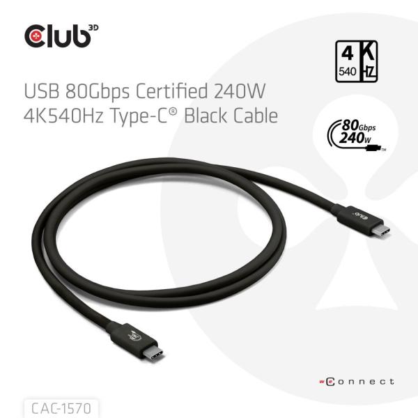 Club3D Kabel USB4 v2 Typ-C,  80Gbps,  Certifikovaný kabel,  4K540Hz,  8K240Hz,  16K60Hz,  PD 240W,  1, 2m4