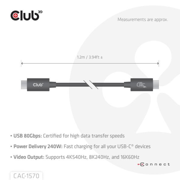 Club3D Kabel USB4 v2 Typ-C,  80Gbps,  Certifikovaný kabel,  4K540Hz,  8K240Hz,  16K60Hz,  PD 240W,  1, 2m0