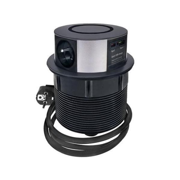 Solight 3z + USB A+C 20W PD, Wireless 10W, výsuvný blok zásuvek, 2m, černý5