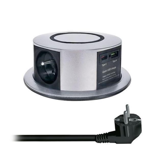 Solight 3z + USB A+C 20W PD,  Wireless 10W,  výsuvný blok zásuvek,  2m,  stříbrný