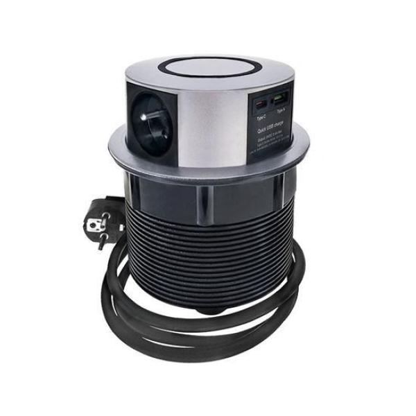 Solight 3z + USB A+C 20W PD,  Wireless 10W,  výsuvný blok zásuvek,  2m,  stříbrný1