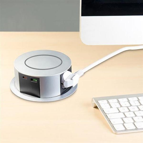 Solight 3z + USB A+C 20W PD,  Wireless 10W,  výsuvný blok zásuvek,  2m,  stříbrný5