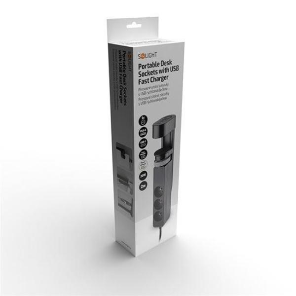 Solight 3z + USB A+C přenosné stolní zásuvky,  2m,  černá,  USB rychlonabíječka 20W PD6