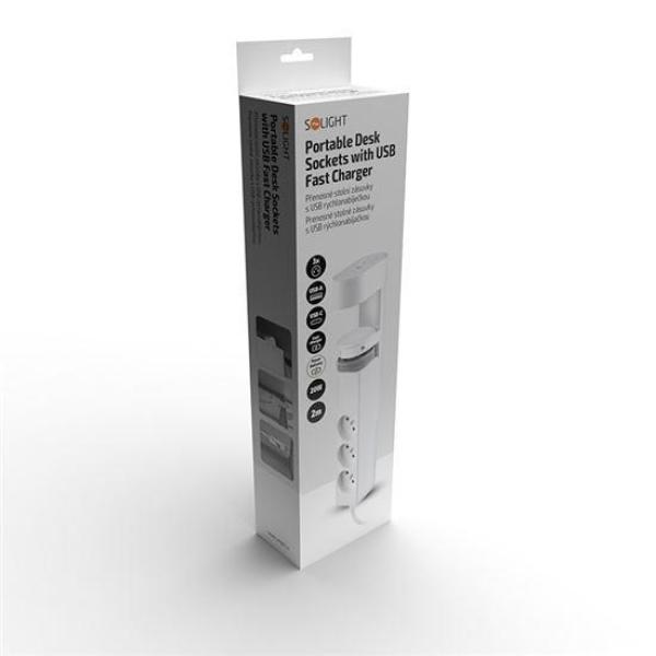 Solight 3z + USB A+C přenosné stolní zásuvky,  2m,  bílá,  USB rychlonabíječka 20W PD2