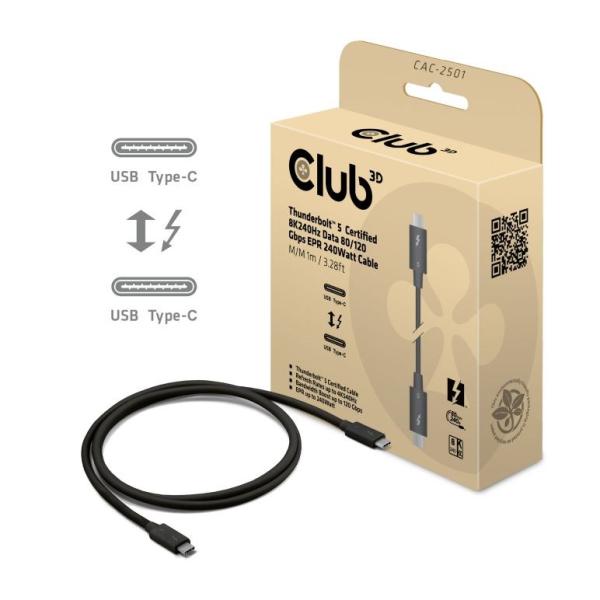 Club3D Kabel Thunderbolt 5,  80/ 120Gbps,  Certifikovaný kabel,  1x 4K540Hz,  2x8K240Hz,  PD 240W,  1m