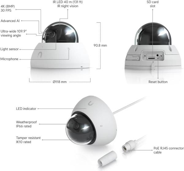 UBNT UVC-AI-Dome-W - AI Dome PoE kamera,  8MP,  bílá4