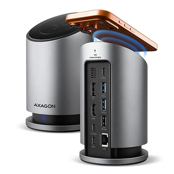 AXAGON HMC-WL9,  USB 10Gbps hub s Qi,  3x USB-A,  USB-C,  HDMI & DP 4k/ 60Hz,  RJ-45 GLAN,  PD 100W,  kábel USB-C 60cm