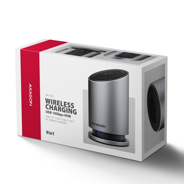 AXAGON HMC-WL9,  USB 10Gbps hub s Qi,  3x USB-A,  USB-C,  HDMI & DP 4k/ 60Hz,  RJ-45 GLAN,  PD 100W,  kábel USB-C 60cm8