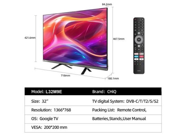 CHiQ L32M9E TV 32", HD, smart, Google TV, Dolby Audio, dbx-tv, HDR 1011