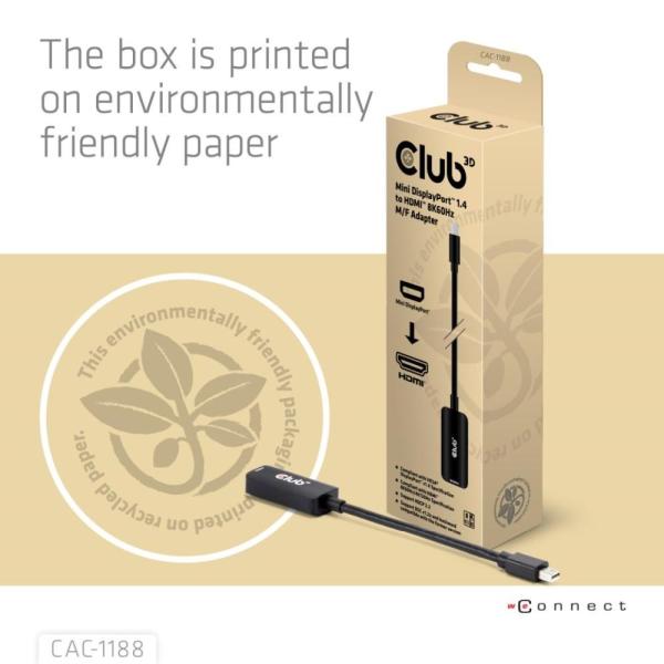Club3D Adaptér miniDP 1.4 na HDMI,  4K120Hz nebo 8K60Hz HDR10+,  M/ F,  9cm5