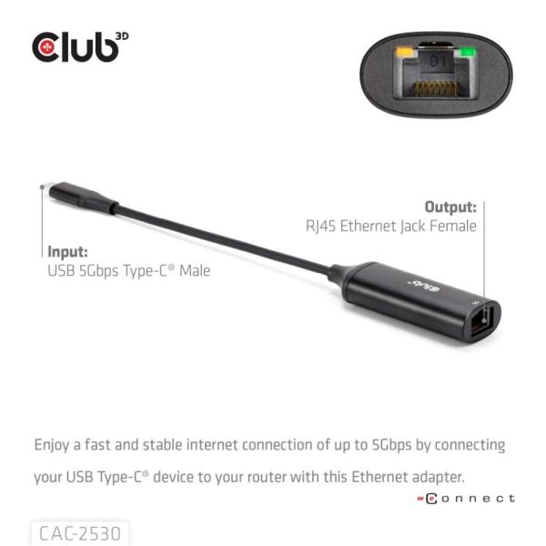 Club3D Adaptér USB-C na RJ45,  5Gb,  24cm2