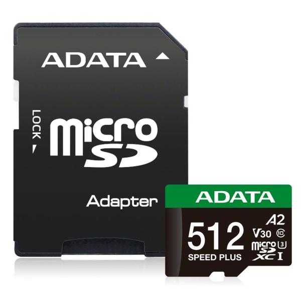 ADATA MicroSDXC karta 512GB Speed Plus,  U3,  C10,  A2,  V30 (R:180/ W:160 MB/ s) + SD adaptér