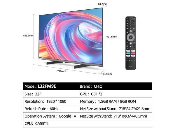 CHiQ L32FM9E TV 32",  FHD,  LED,  metalická bezrámečková,  Smart,  Google TV,  HDR,  Chromecast2