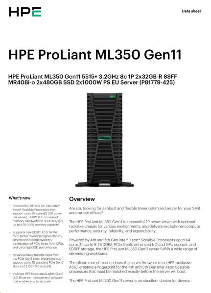 HPE PL ML350g11 5515+ (3.2G/ 8C) 2x32G (P64706)  2x480G SSD MR408i-o/ 4G 2x1000W 8-24SFF 4p1G Smart Choice5