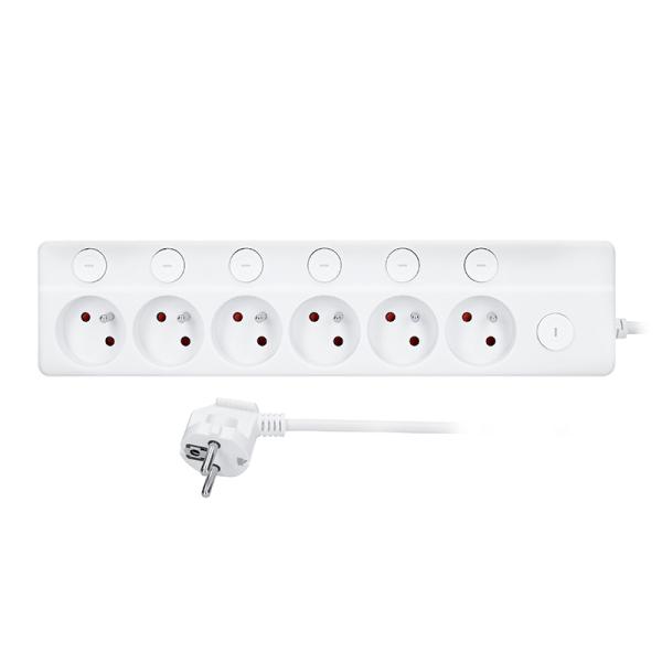 Solight 6z prodlužovací přívod,  3m,  3 x 1mm2,  bílý,  6+1 vypínač