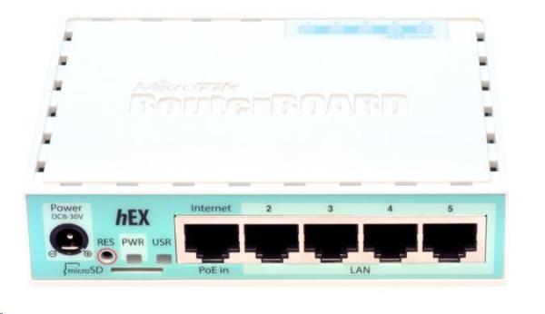 MikroTik RouterBOARD hEX,  880MHz dual-core CPU,  256MB RAM,  5x LAN,  USB,  microSD slot,  vč. L4 licence